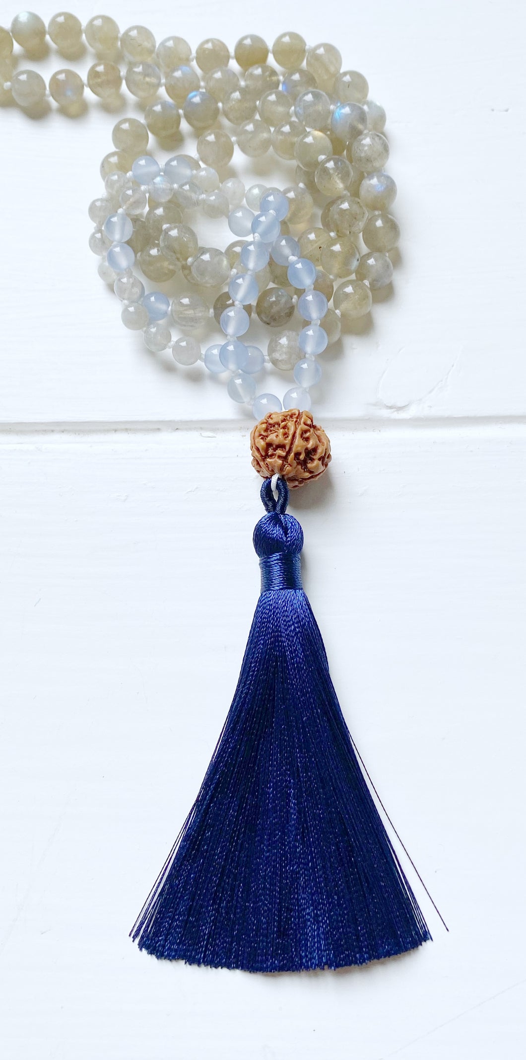 Labradorite & Blue Chalcedony Mala with Rudraksha Seed